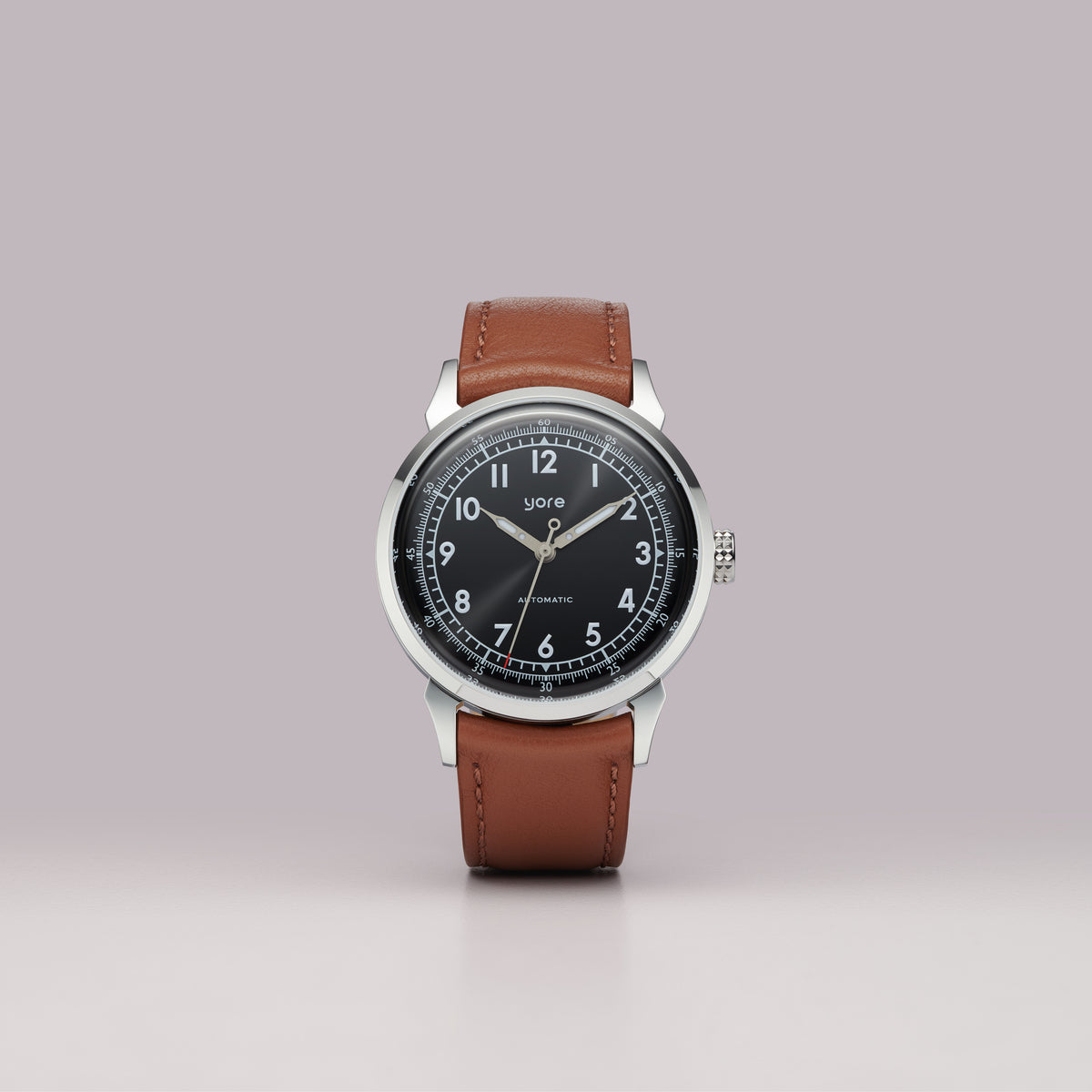GYRE-0001 Night field watch standing upright, black dial with white numerals and brown leather strap